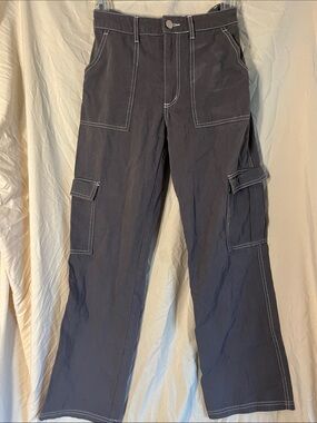 Full Tilt Women's Straight Leg Cargo Jeans in Charcoal with White Stitching